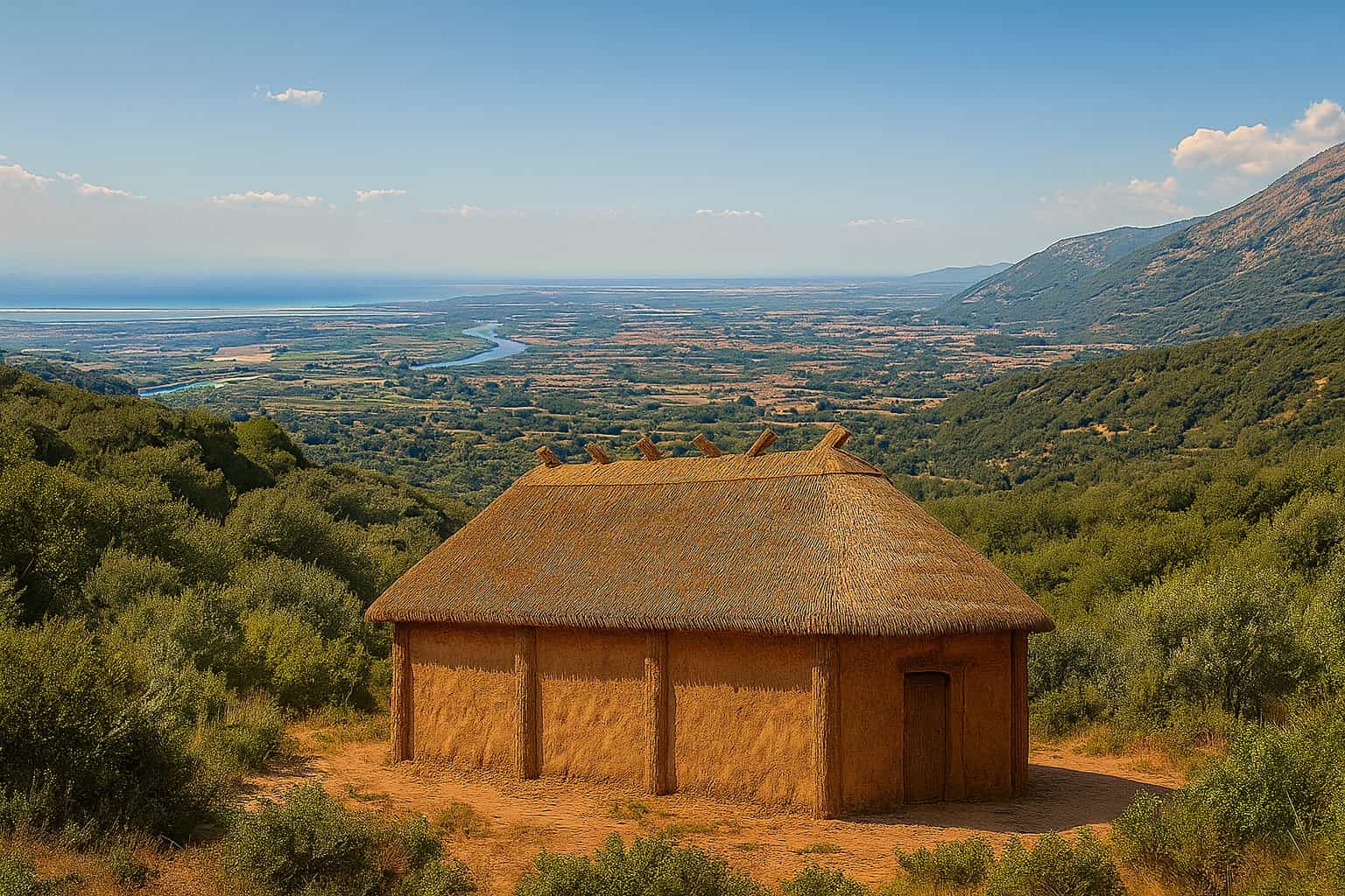 Ricostruzione di una capanna enotria con planimetria rettangolare (generata con intelligenza artificiale).
